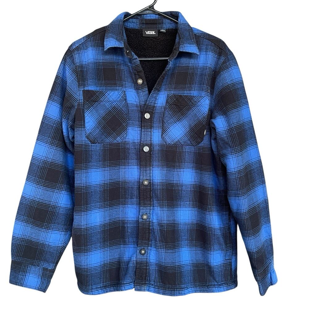 Vans Men Off the Wall Flannel Jacket Small Shacket Blue Black Plaid Sherpa Skate